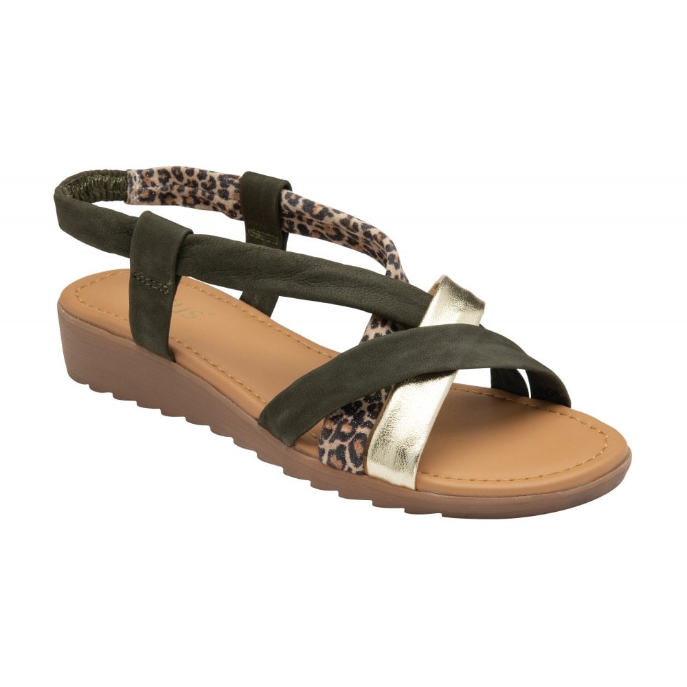 Buy the khaki Lotus ladies' Christa wedge sandal online at Lotus Shoes